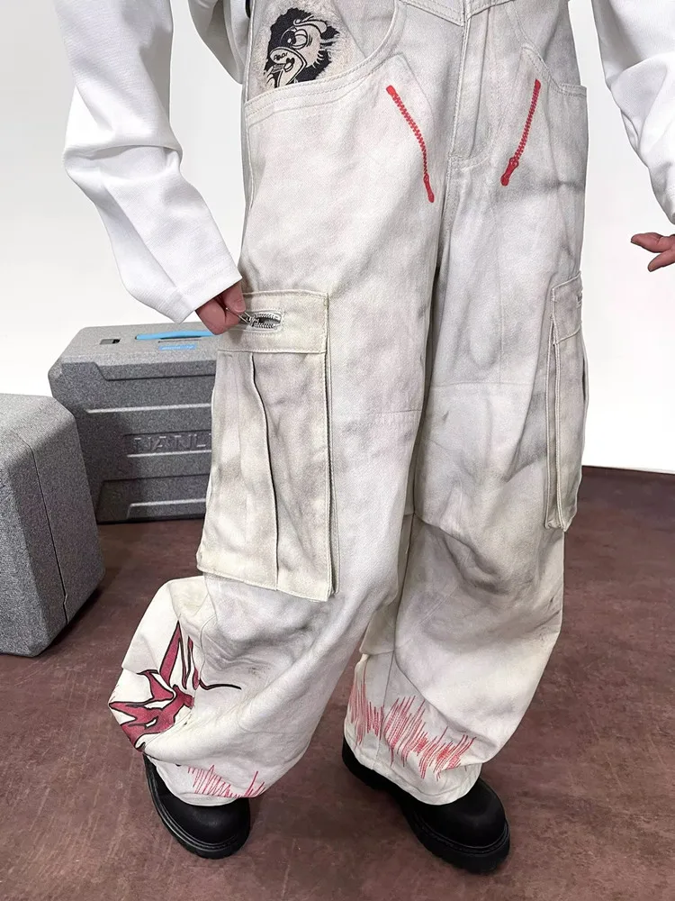 2025 Cyber Y2K Streetwear Dirty Washed White Baggy Cargo Jeans Pants For Men Clothing Wide Leg Straight Vintage Long Trousers