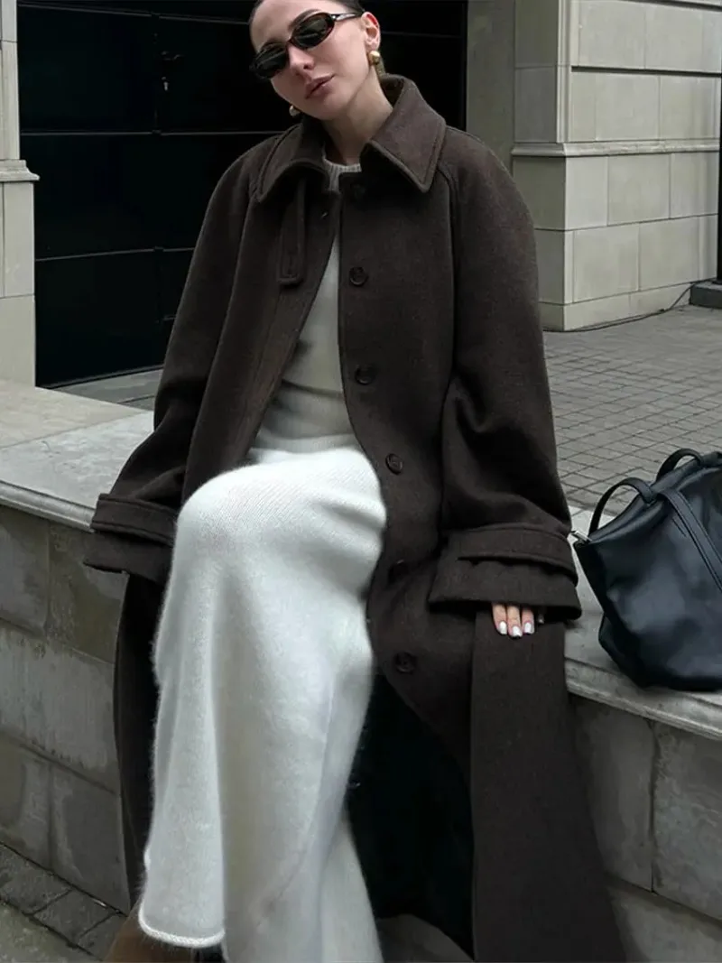 

Elegant Single Breasted Long Coat Women Retro Classic Loose Lapel Brown Tweed Coats With Belt Lady 2025 Winter Street Overcoats