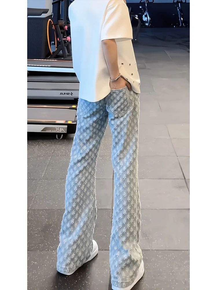 

Мужские летние свободные джинсы синего цвета с цветочным принтом, длинные джинсы в американском стиле, слегка расклешенные брюки, молодежные модные прямые джинсы