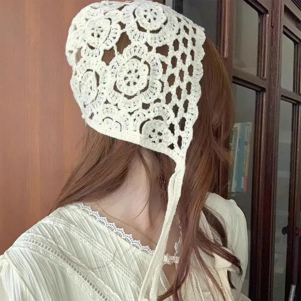New Crochet Hollow Hat Knitted Flower Beanies  Caps for Women Retro Y2k Style Pullover Hat Drawstring Tie Up Melon Mesh Hat