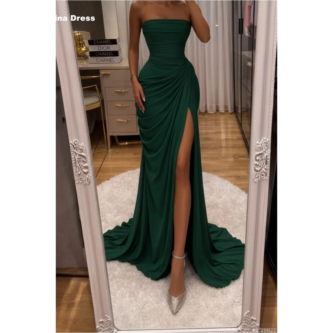 

Mina Customized Green Tube Top Evening Dresses for Special Occasions Off the Shoulders Prom Dresses 2026 Luxury Folds High Slit