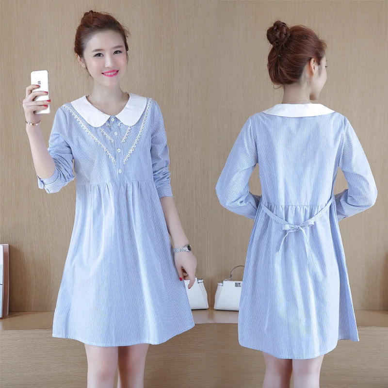 

2024 Spring Maternity Blouses Sweet Peter Pan Collar Long Sleeve Pregnant Women's Shirts Lace Patchwork Pregnancy Clothes Cute