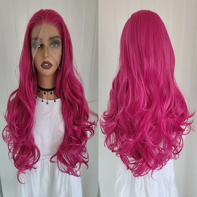 Rose Red Body Wave Synthetic 13x4 Lace Front Wigs Glueless Heat Resistant Fiber Hair Natural Hairline For Fashion Women Cosplay