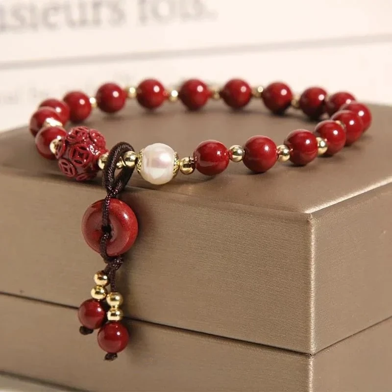 

Cinnabar Female Buckle Pendant Beaded Jade Jewerly Gift Bracelet for Girlfriend Femme Red Bracelet Men Luxury Cinnabar beads