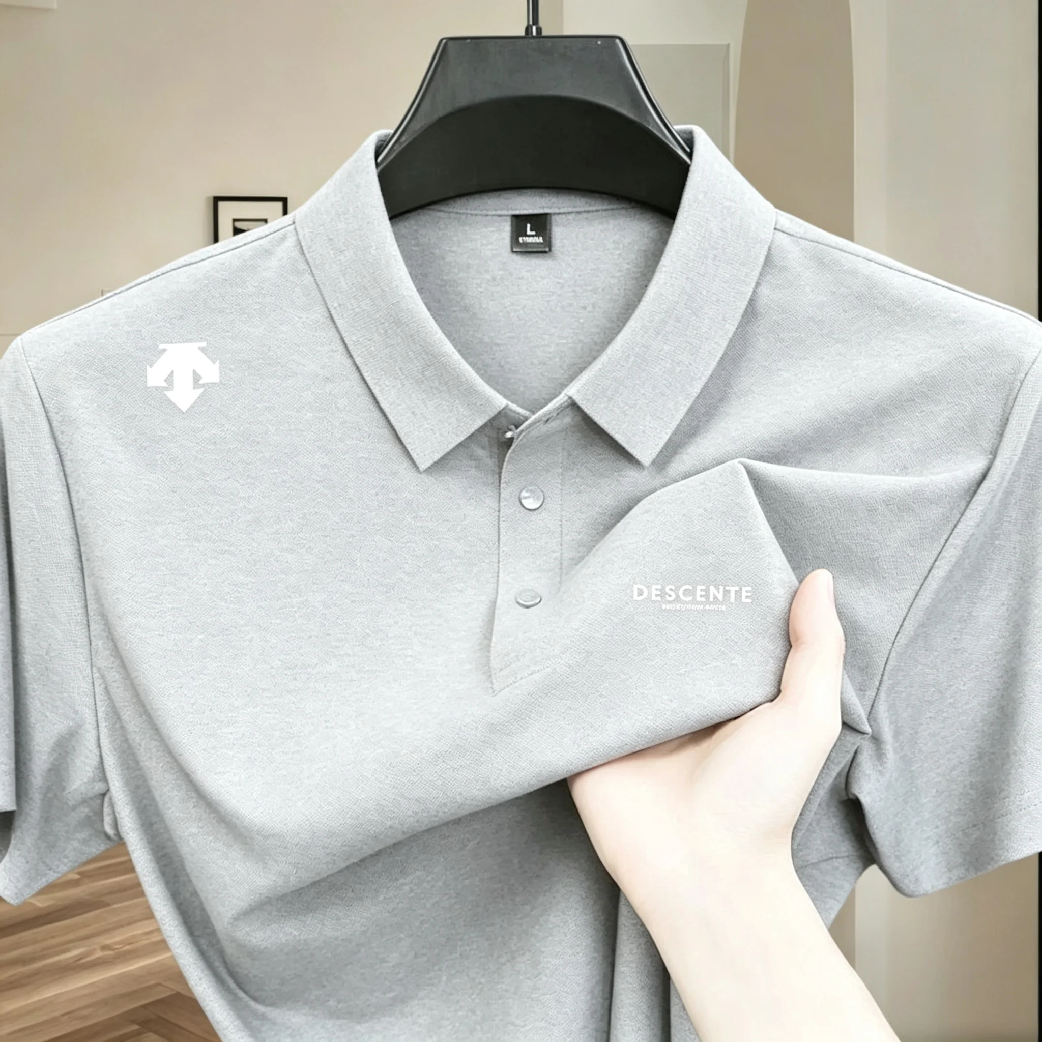 Hochwertiges Eisseiden-Poloshirt, kurzärmelig, Herren-Sportmarke, bedrucktes Oberteil, Sommer 2026, neu, kühl und atmungsaktiv, lässiges T-Shirt. – Detail 8