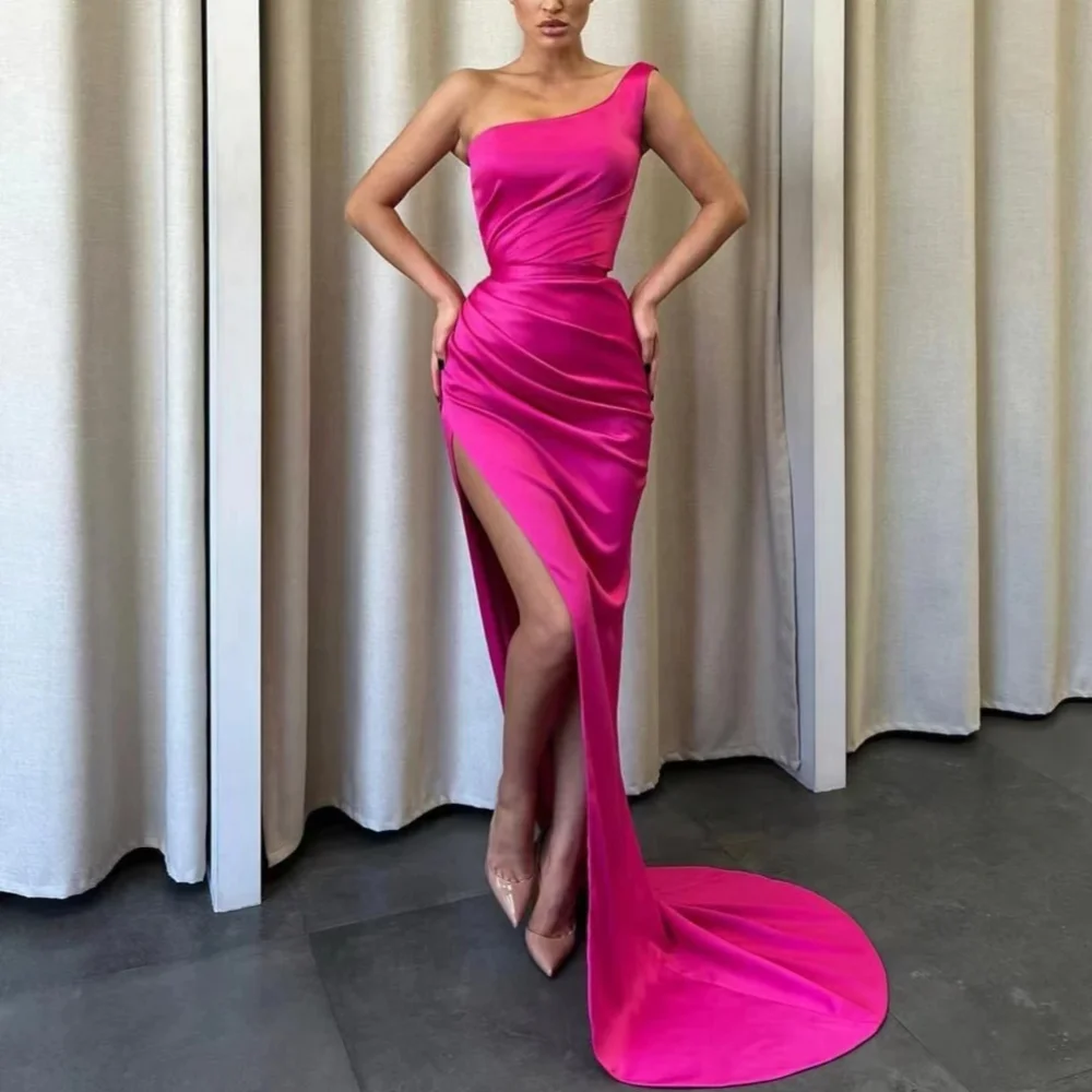 

Classy Long One Shoulder Satin Evening Dresses Sleeveless with Slit Mermaid Sweep Train فستان سهره for Women