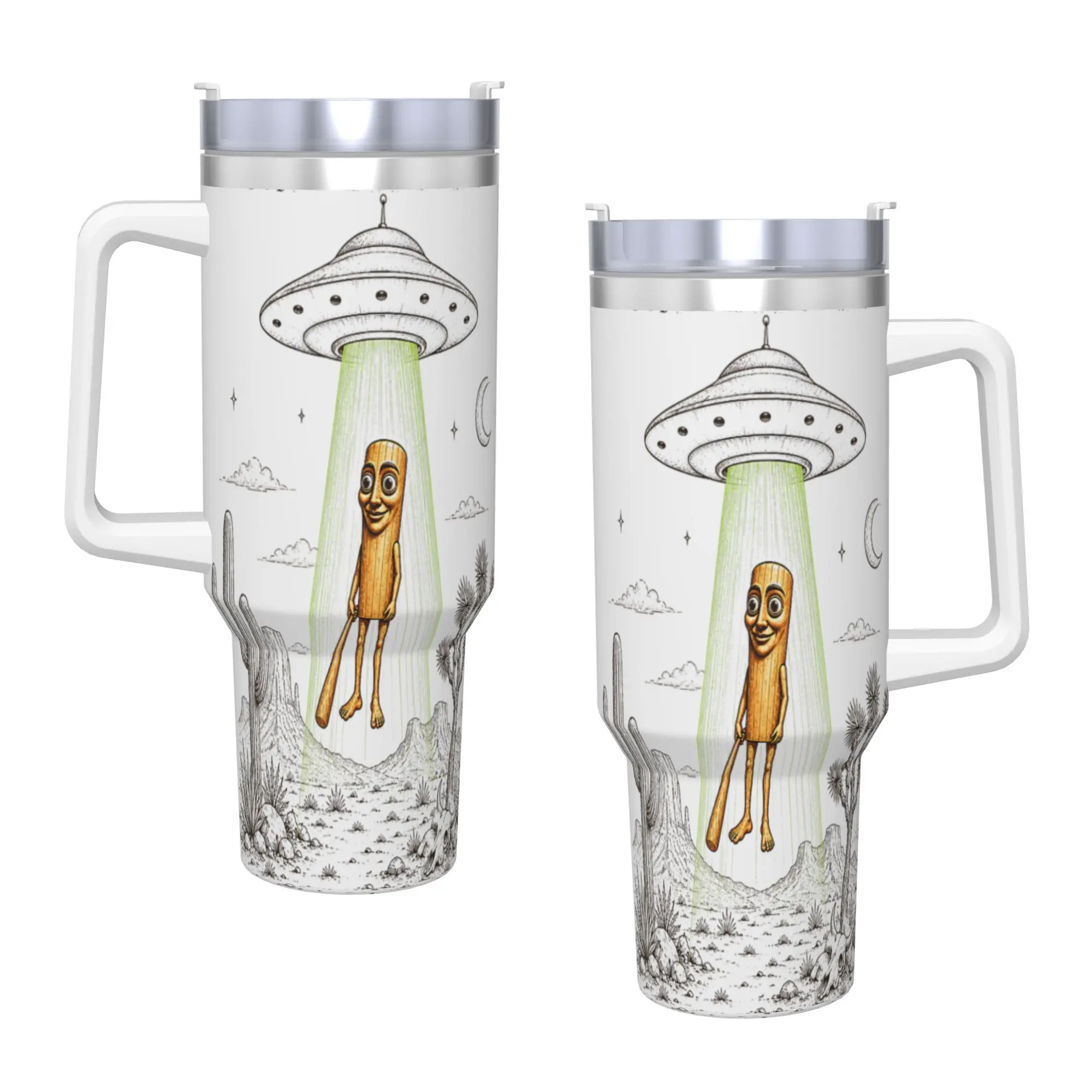 Stainless Steel Tumbler Tung Sahur and UFO Alien Abduction Desert Science Humor Mugs With Straws Driving Hot Drinks Water Bottle