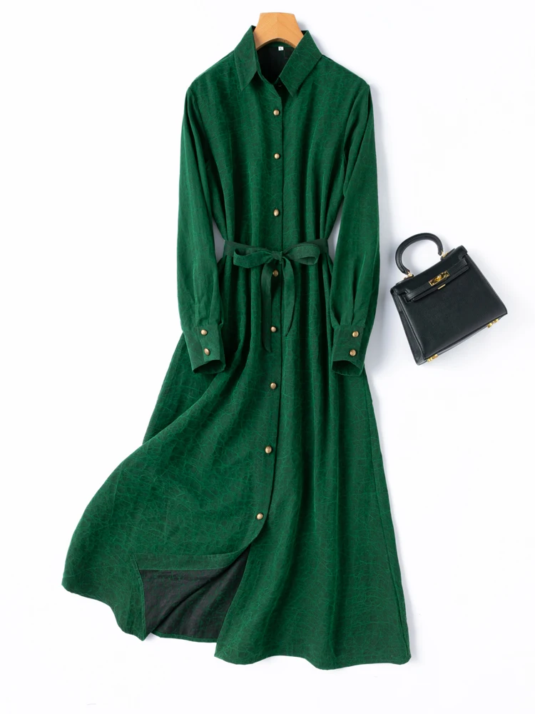 جودة تحسس الرجعية الغابات الخضراء 100% التوت الطبيعي الحرير السلاحف الكراك عبق سحابة الغزل كم طويل فضفاض الدانتيل قميص فستان