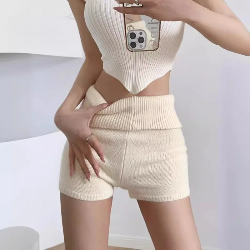 レディース折り返しウエストニットショーツセクシーラップヒップダブルレイヤーフリップウエスト糸タイトスリムソリッドショーツ衣類