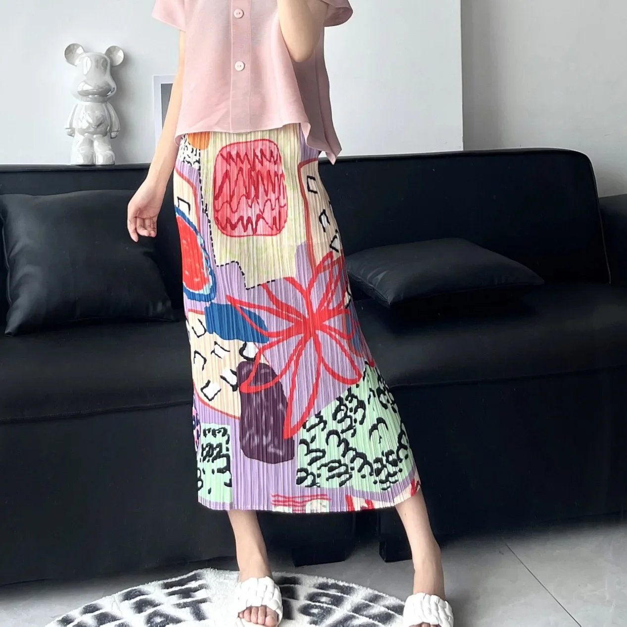 

ALSEY Miyake Wrap Hip Skirt Patchwork Korean Printed Half Skirt Pleated Women's Half Skirt 2024 Summer New