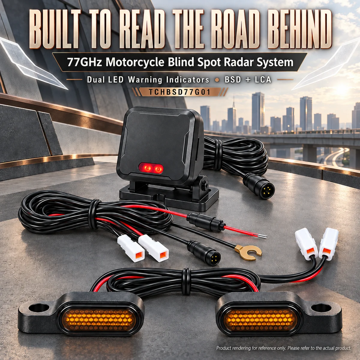 77GHz Motorcycle Rear Blind Spot Radar with Dual LED Indicators, BSD 8.4m LCA 50m, Detection Up to 70m