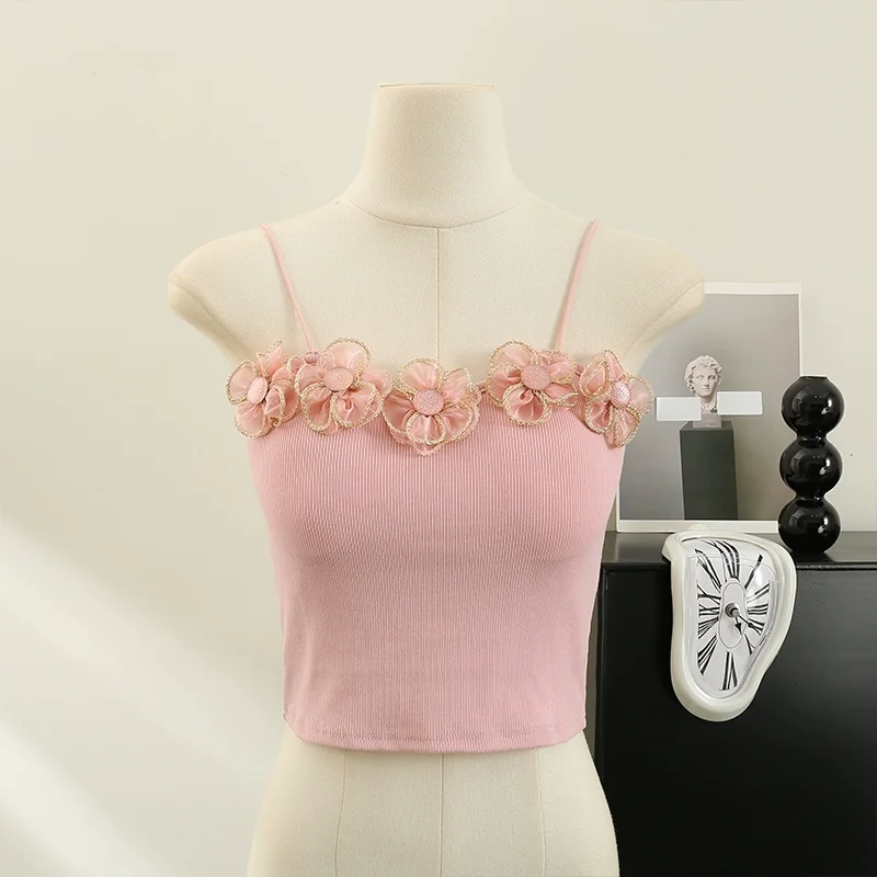 Summer High Stretchy Camisole With Bra Women Sewed Flowers Tank Crop Top Girls Chic Fashion Padded Camises