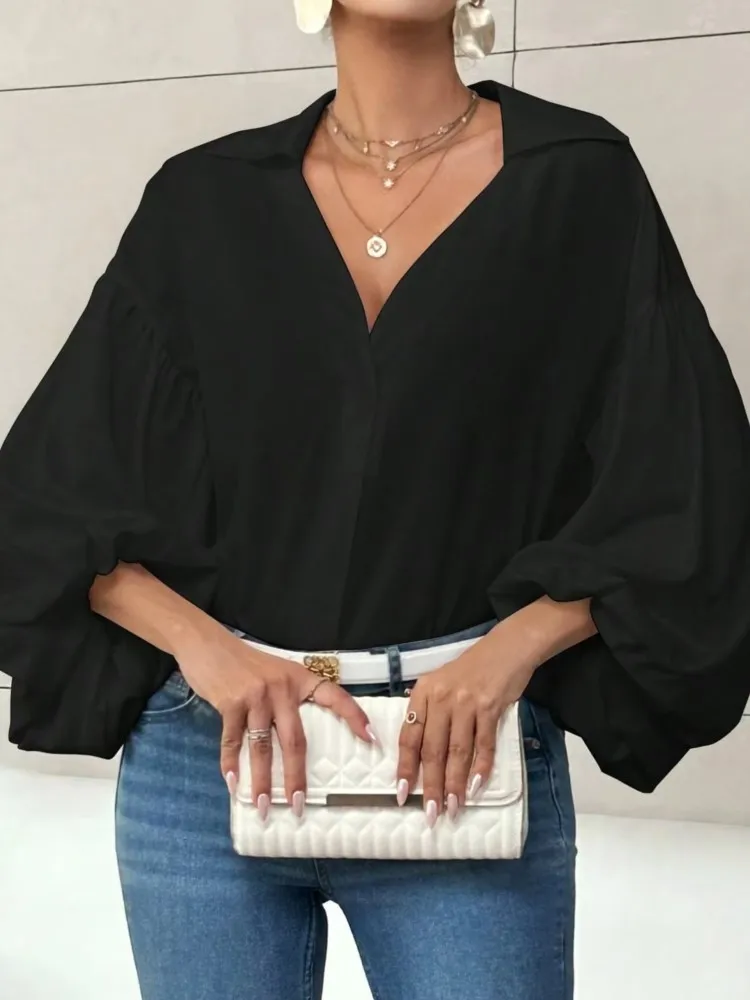 固体オフィスシャツ女性のためのファッションパフスリーブ V ネックボタンシャツトップス女性エレガントな休日の婦人服春秋