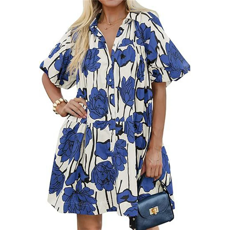 A83F-Vestito camicia abbottonato estivo da donna Mini abiti da spiaggia casual a maniche corte con sbuffo floreale