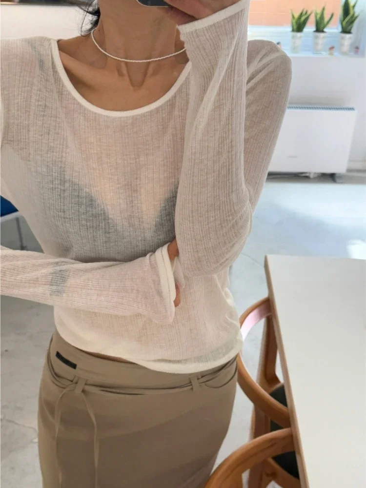 Zjaiss 新しい長袖ベース Tシャツファッションラウンドネック薄い薄手の固体トップ女性夏 2026 シンプルな多用途女性服