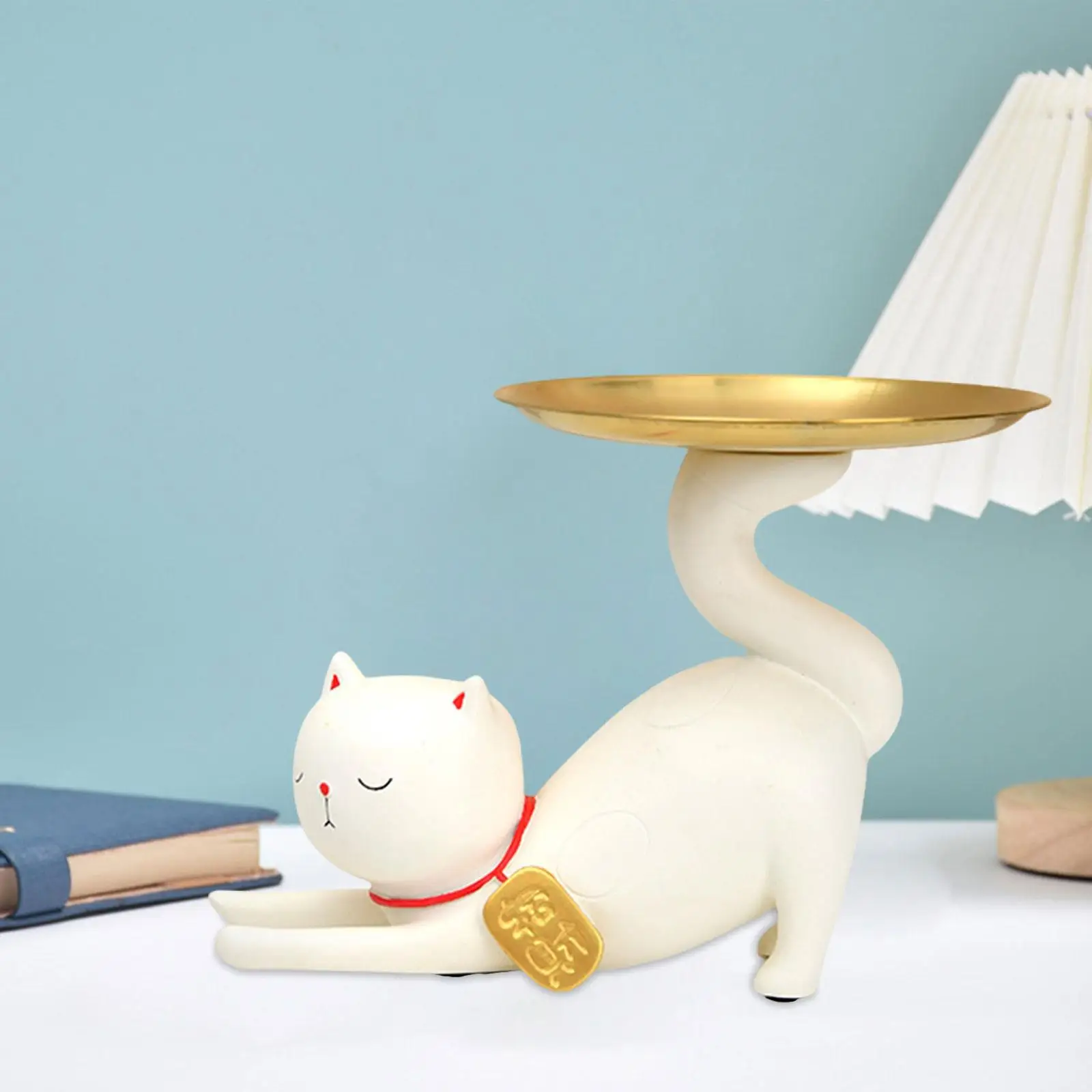 

Funny Chinese Cat Statue with Tray Welcoming Cat for Desktop Bedroom Office