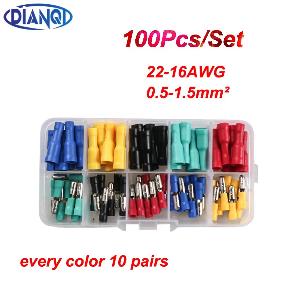 DIANQI 100pcs 50 pairs Bullet Shaped Female Male Insulating Joint Wire Connector Electrical Crimp Terminal MPD FRD 5 colors