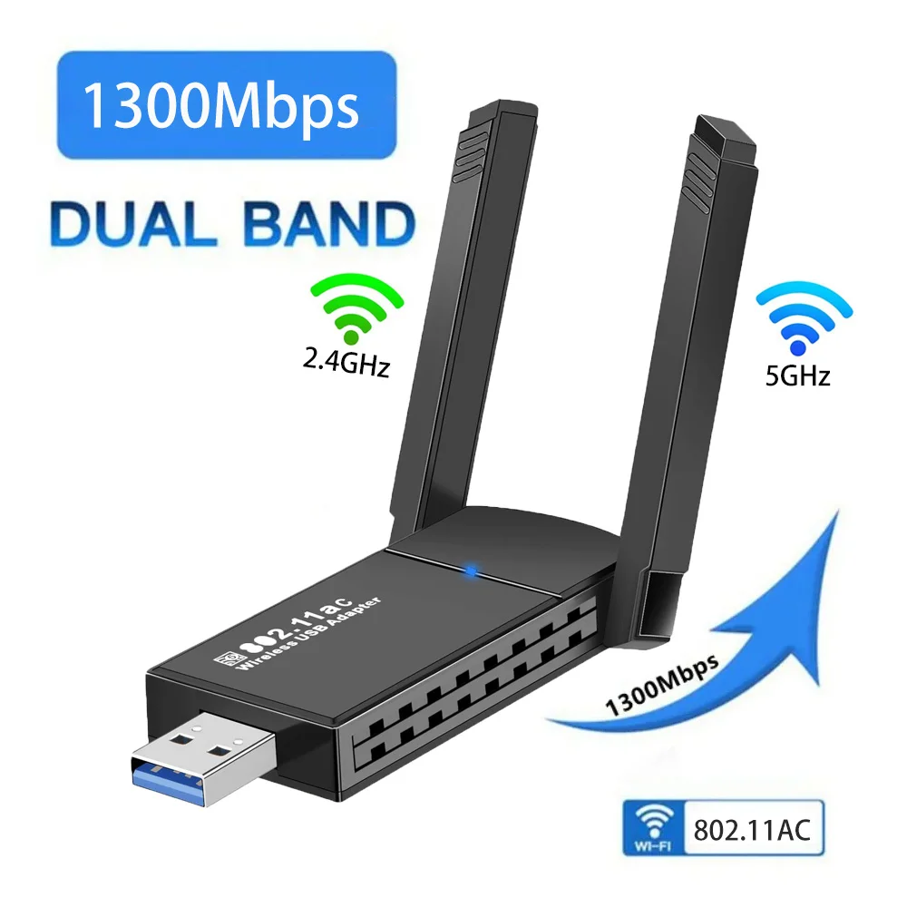 1300Mbps WiFi USB Adapter Dual Band 2.4G 5Ghz Wi-Fi Dongle Receiver USB3.0 High-Speed 802.11AC Wireless Network Card PC/Laptop