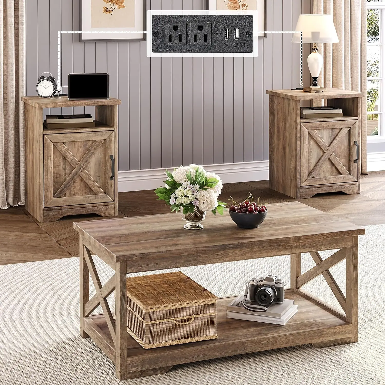 LUXOAK 3 Piece Living Room Table Set with Barn Door, Barnwood | Includes Coffee Table and 2 End Tables, Charging Station &USB Po