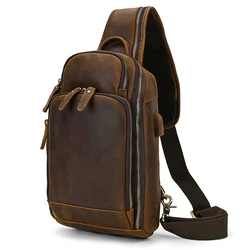 Leather Chest Bag Usb Charging Port Men's Cross Body Bag Genuine Leather Chest Pack Single Shoulder Bag For Man Male Vintage