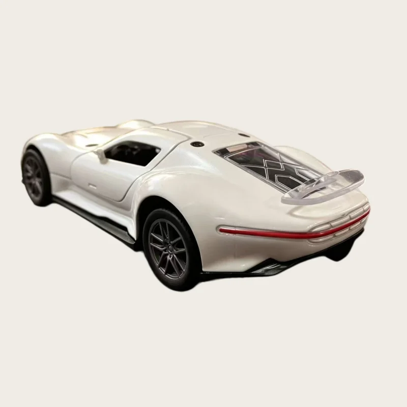 1/36 scale white alloy sports car model, retractable metal-cast two-door coupe with opening doors, realistic racing car desktop