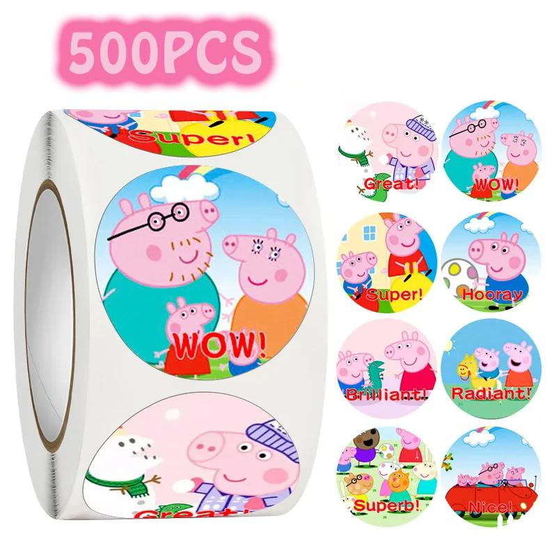 Stiker babi Peppa, stiker hadiah anak-anak taman kanak-kanak, stiker kartun babi Daddy, stiker George, hadiah ulang tahun anak-anak 500 buah