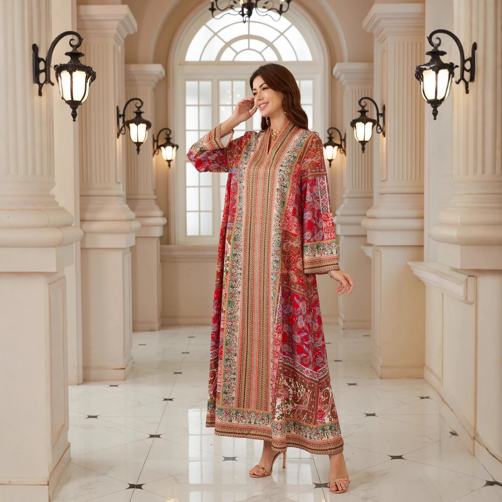 2026 Spring New Muslim Fashion Dubai Middle East Women Casual Loose V-Neck Print Long Sleeve Dress