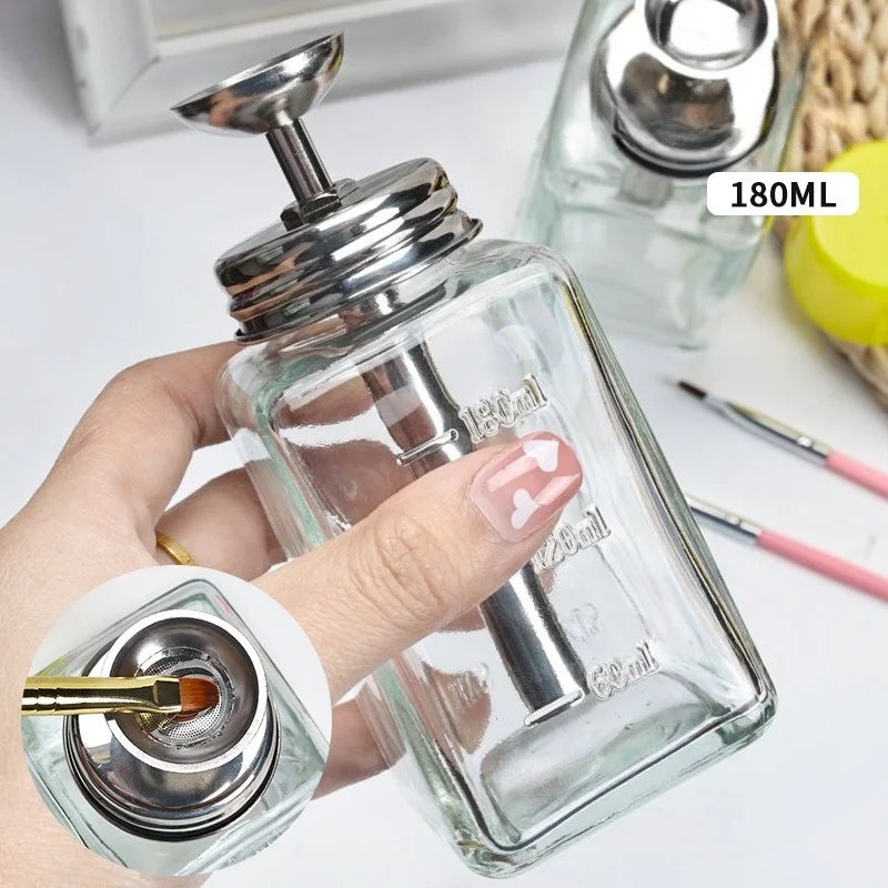 180ml Nail Glass Press Bottle Ith Metal Pump and Graduated Dust Cap Suitable for Nail Polish Remover Gel Alcohol Liquid Storage