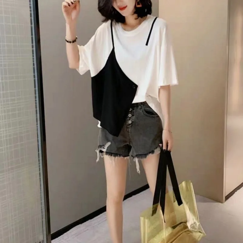 Classic Black and White Color Block Particularity Blouse Women Classic Half Sleeve O-collar Refreshing Lady Pullover Shirt