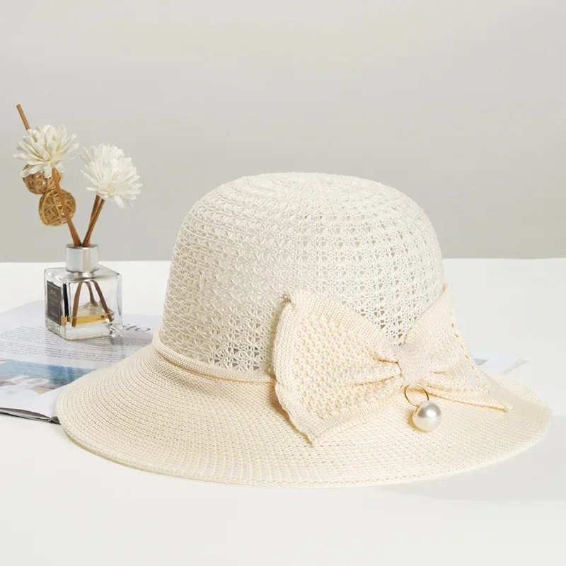 Summer Shade Breathable Sun Hat Women Beach Sunscreen Cap Foldable Bow Brim Cap Straw Hat Outdoor Travel Lady Girls Bucket Cap