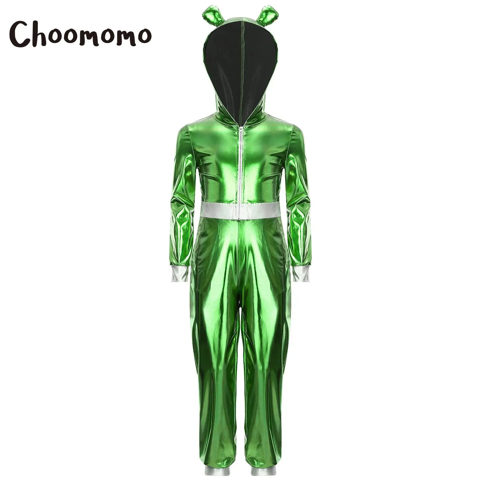 

Kids Girls Metallic Gloss Alien Costume Halloween Outer Space Cosplay Dress Hood Long Sleeve Jumpsuit Carnival Roleplay Dress Up