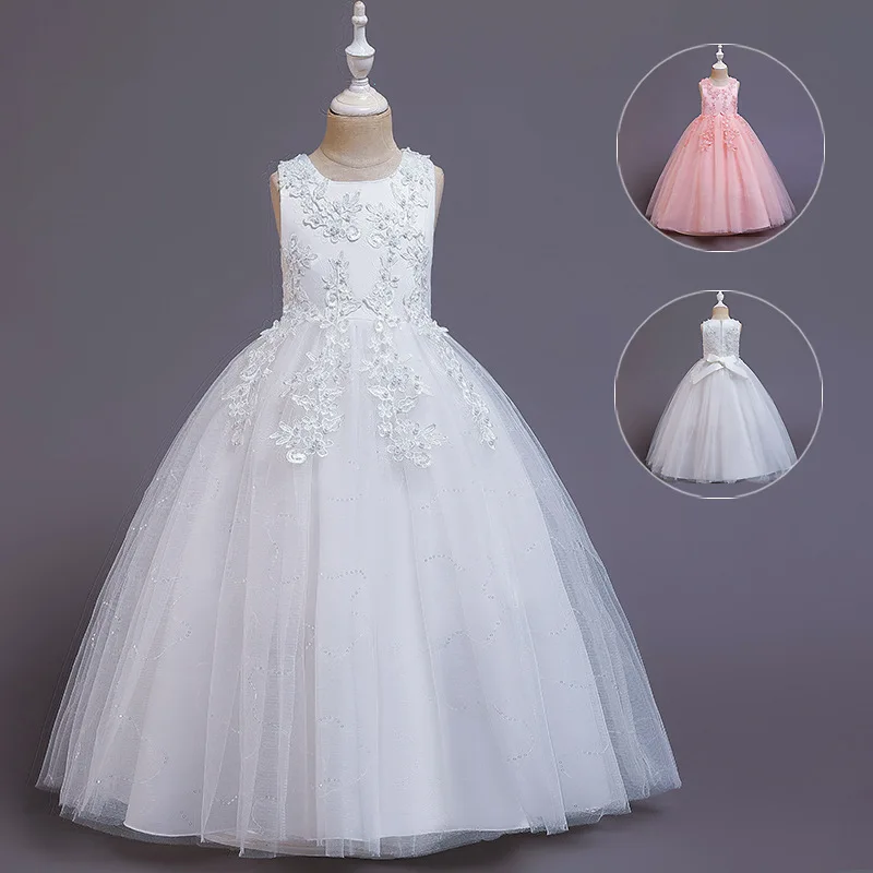 Vestidos de encaje para niñas, ropa de princesa bordada, fiesta de noche Formal, vestido de boda de flores