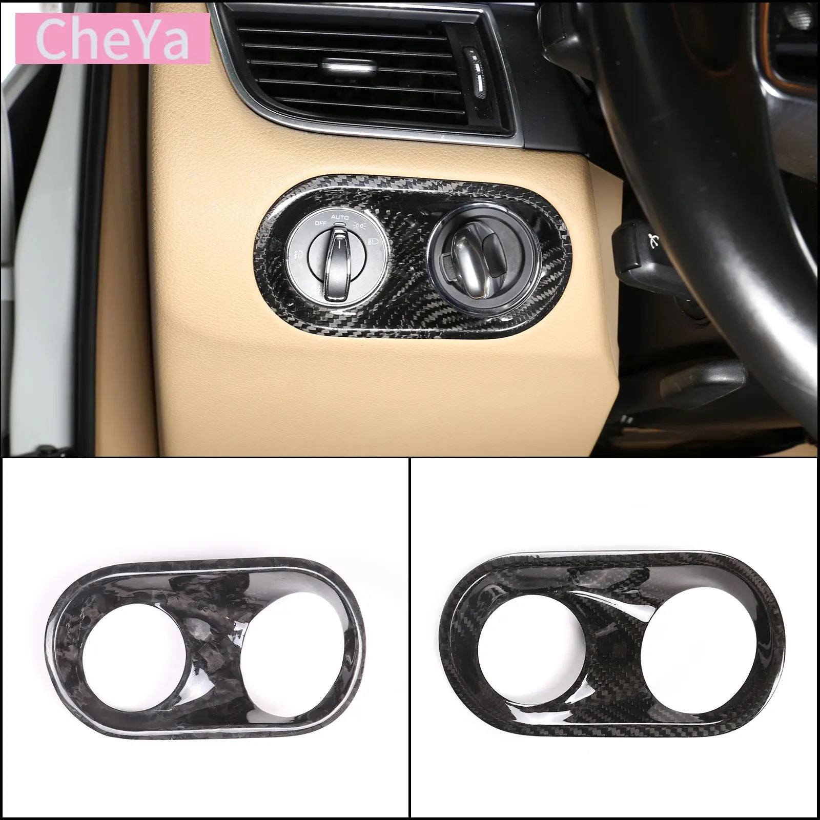 

cheya Real Carbon Fiber Car Headlight Switch Panel Decorative Frame Cover for Porsche MACAN 2014-2020 Interior Accessories LHD