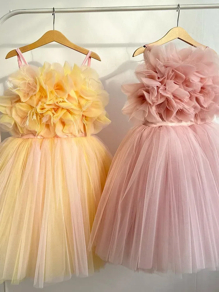 

Girls Tulle Dress Kids Floral Ruffle Gown Princess Party Outfit Sleeveless Formal Wear Birthday Celebration Costume Elegant Pag