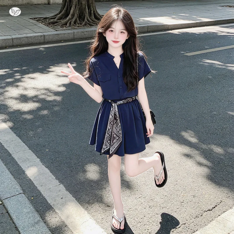 Girls' Chiffon Set Summer New Style 4-14 Year Old Korean V-neck Shirt T-shirt Three Leg Pants Shorts Two Piece Set 3