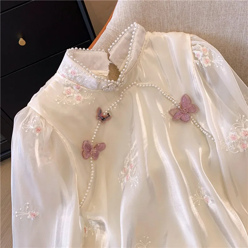 Embroidery Chinese Style Blouses Spring/Summer Vintage Women\'s Shirt Loose Chiffon Women Tops Long Sleeves Clothing 2024 Korean