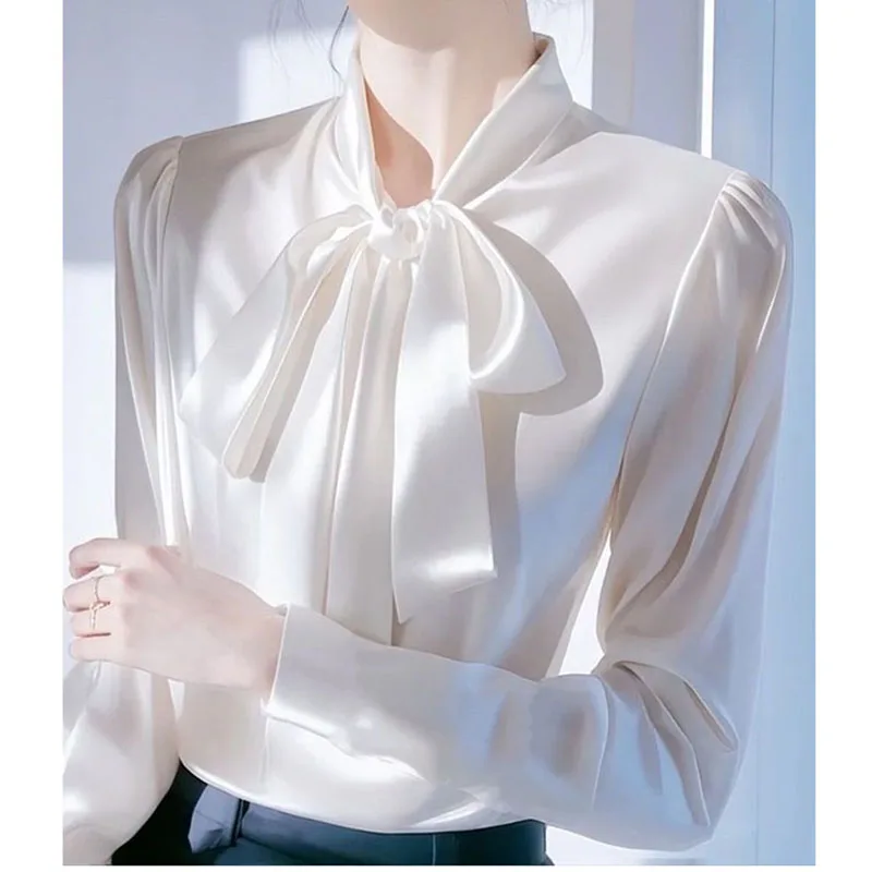 French Bow Tie Tied White Satin Shirt for Women in Early Spring 2025, New High-end Long Sleeved Professional Shirt