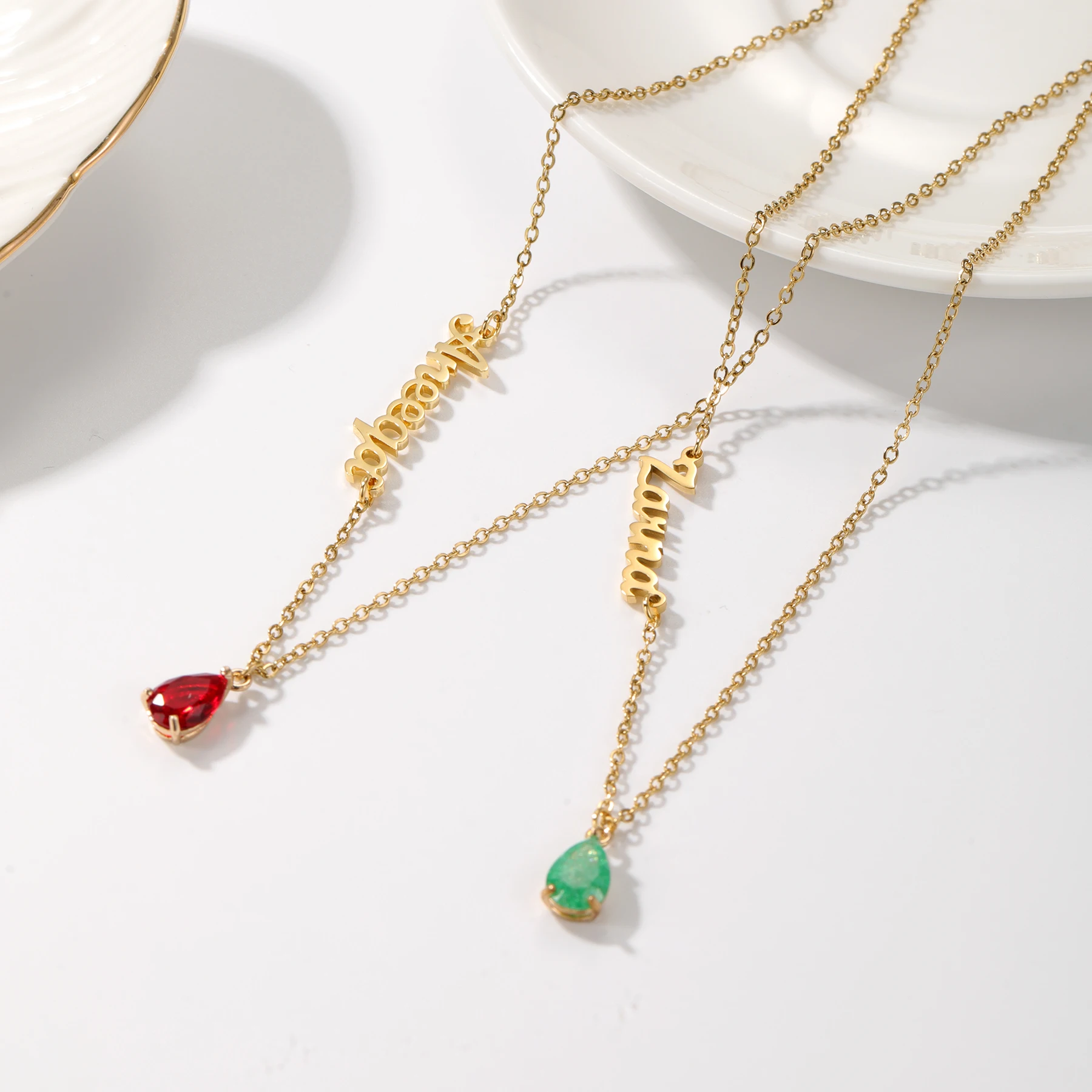 Qitian Custom Diamond Name Necklace With Water Drop Birthstone Chain For Women Stainless Steel Nameplate Jewelry Christmas Gift