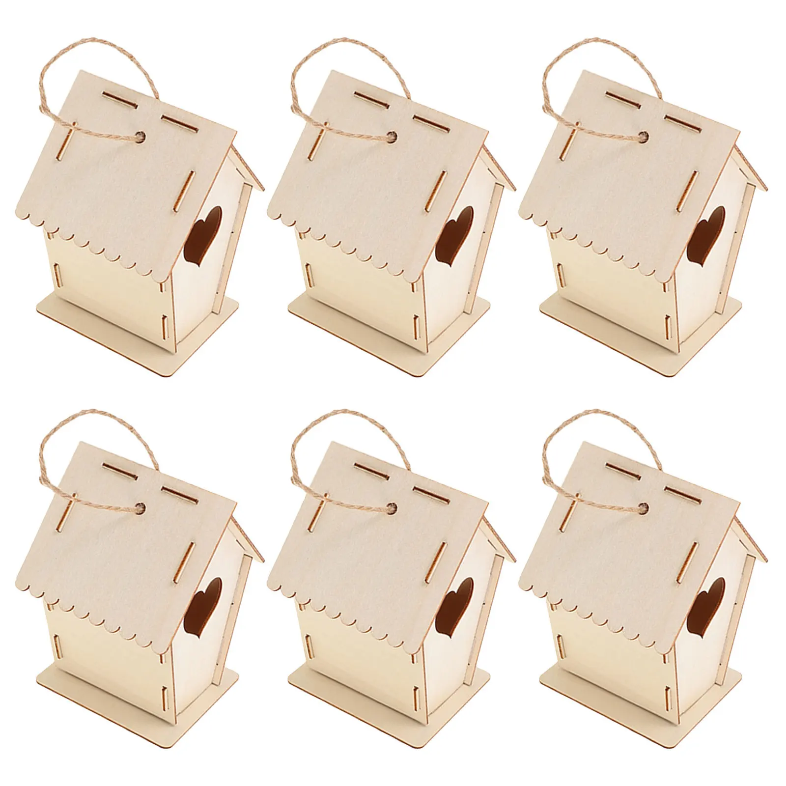 6 قطع من مشاريع الحرف العائلية، منزل الأطفال، منازل قابلة للطلاء، بيت الطيور الخشبي المزخرف باللون البيج #1