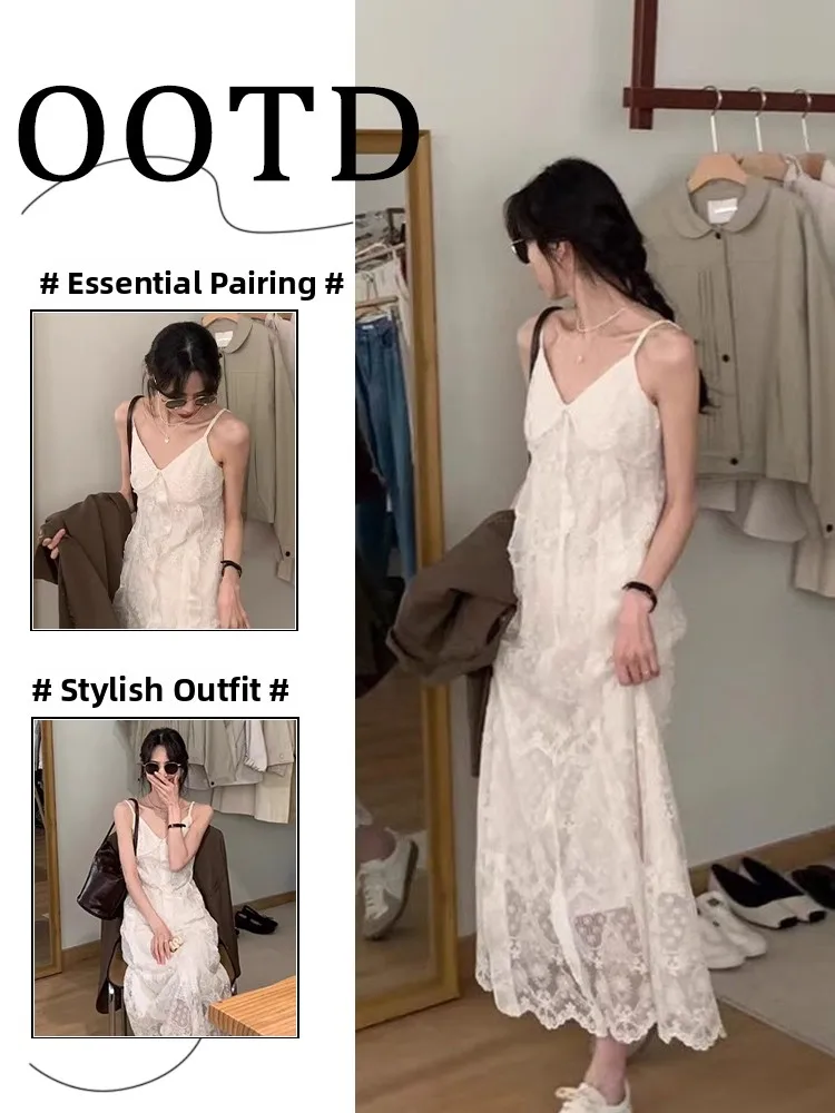 Ele simples verão longo dr vestido feminino de alça de renda com camada de base de emagrecimento le v-ne fechamento com zíper saia evasê