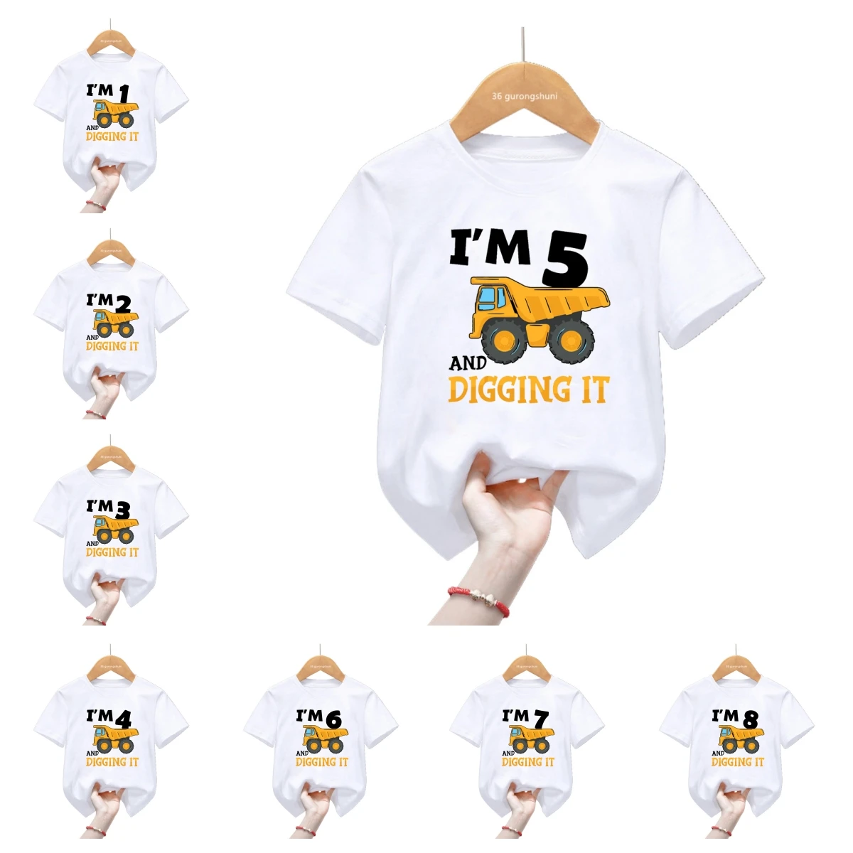 I'M 1-9th And Digging It Truck Excavator Theme T-Shirt Engineering Vehicle T Shirt Girls Boy Gift Kids Clothes Short Sleeve Tops