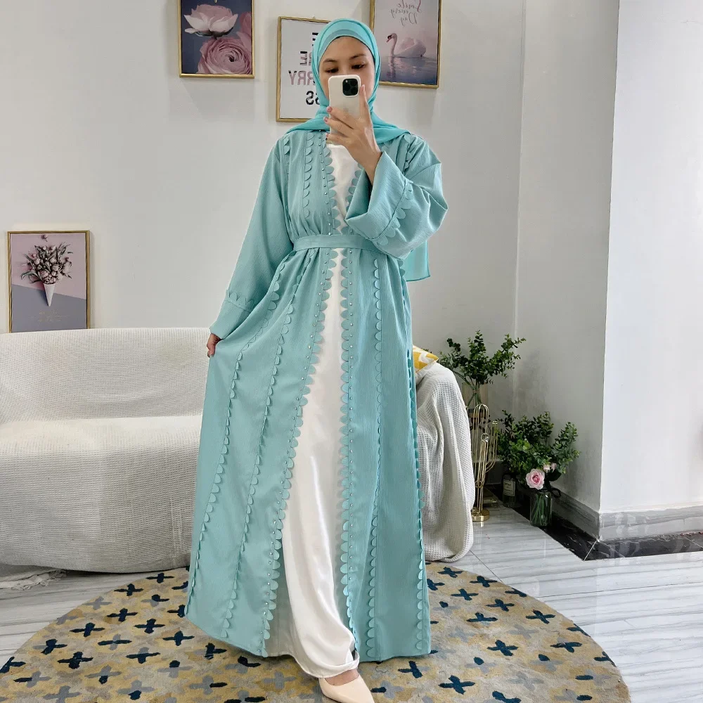 Eid Open Abaya Beads Women Muslim Maxi Dress Dubai Kaftan Cardigan Kimono Turkey Arab Robe Islam Ramadan Jalabiya Kebaya Caftan