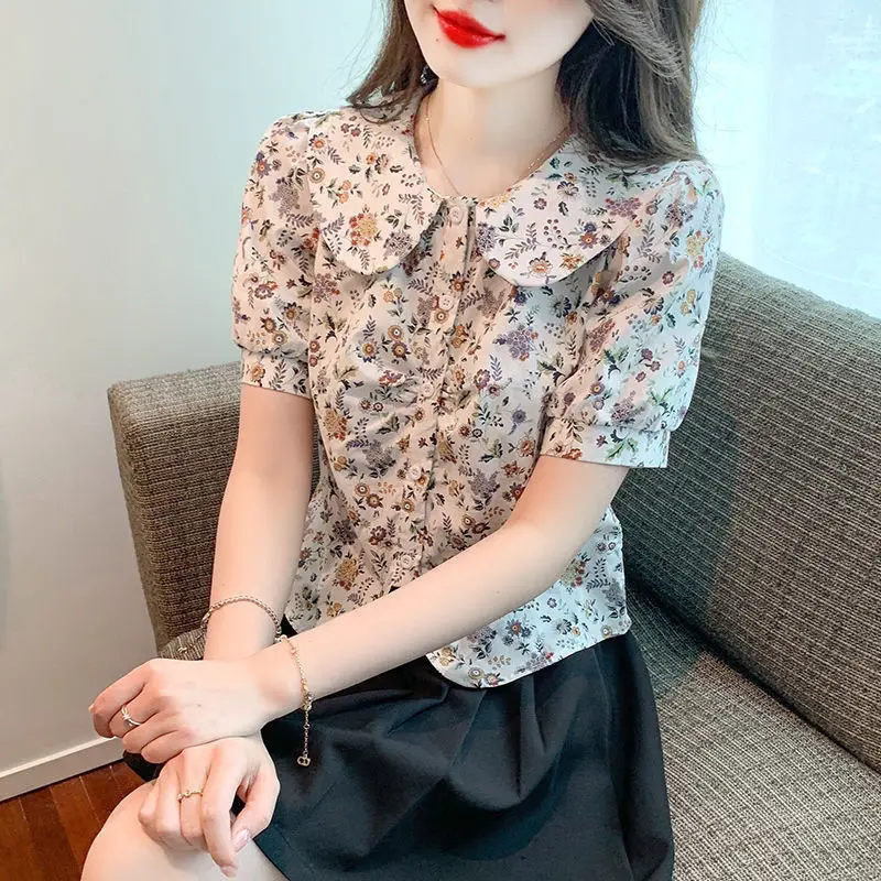 New Floral Korean Youth Shirt Tops Summer Short Sleeve Temperament Print Irregular Short Blouse Fashion Elegant Women Clothing