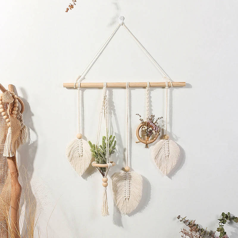 Bohemian Handwoven Tapestry Decorative Storage Rack Ins Bedroom Hanging Ornament Dried Flower Rack Tassel Cotton Rope Hanging