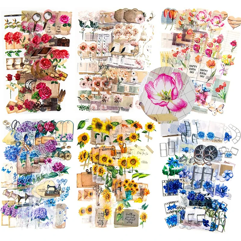 Aesthetic Flower Stickers 464pcs (36sheets) Vintage Waterproof Floral Vinyl Decals Small Transparent Flower Scrapbooking Sticker