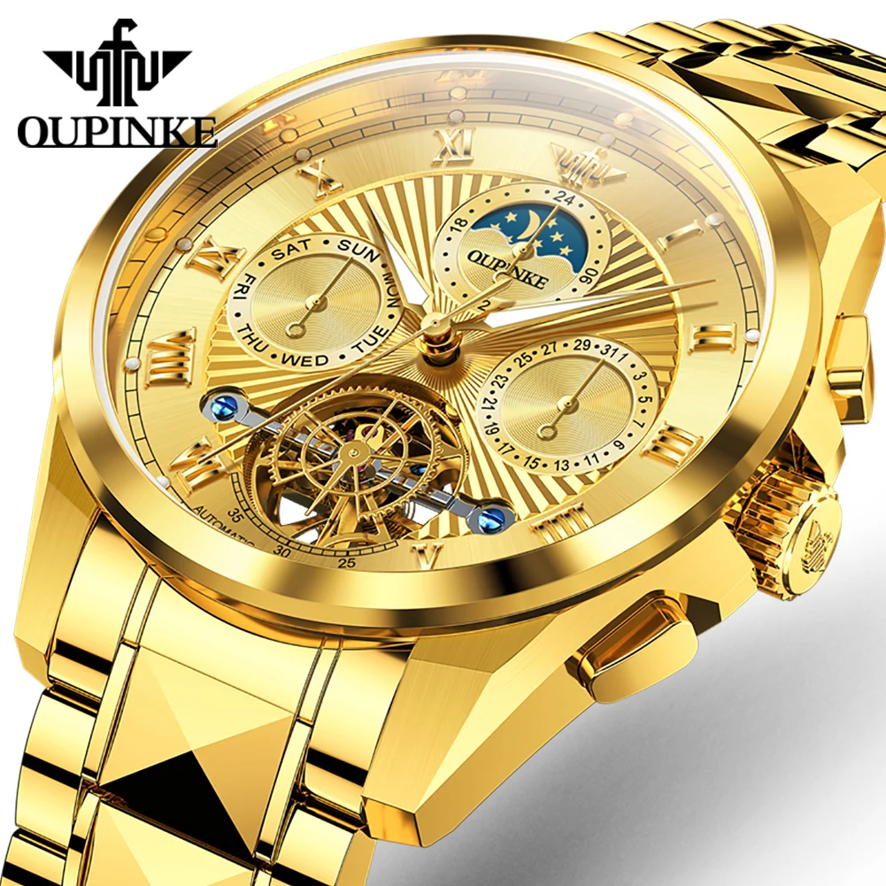 OUPINKE 3322 Luxury Multifunctional Skeleton Flywheel Watches For Man Week Date Moon Phase Mechanical Watch High Quality Gift