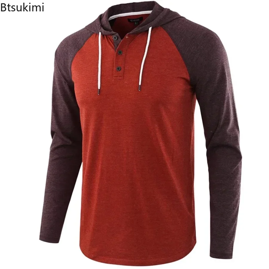 2026 Fashion Men's Patchwork Hoodies T-shirts Loose Casual Long Sleeve Drawstring Sport Tees Breathable Sweatshirts Tops for Men