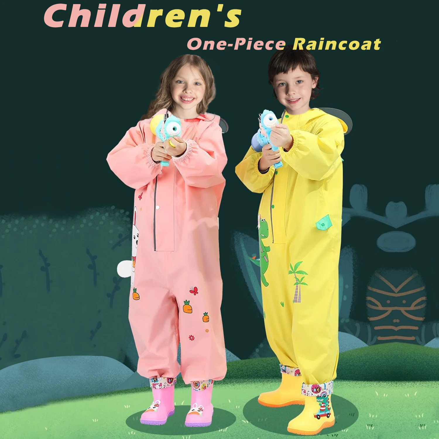 Cute Colorful Rabbit /Dinosaur Raincoat For Kids Boys Girls Waterproof Jumpsuit Hooded One-Piece Cartoon - 3D Illustrated