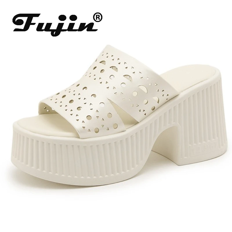 

Дышащие сандалии из микрофибры Fujin, 10 см, туфли на плоской подошве, высококачественная брендовая обувь, женские тапочки без шнуровки на платформе, на танкетке с круглым носком