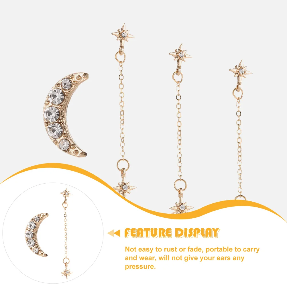 

1Pair Moon Star Earrings for Women Asymmetric Studs Lightweight Fashion Jewelry Gift Premium Chain Earrings Corrosion Resistant